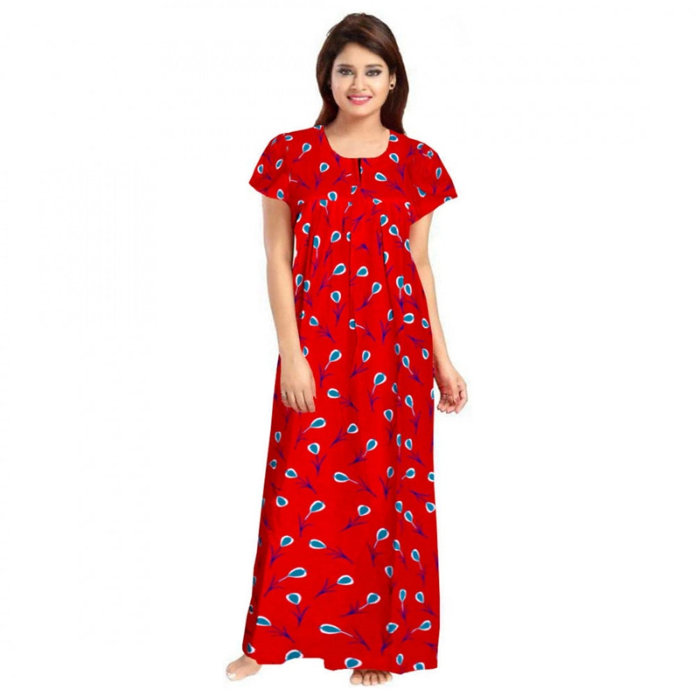 Red cotton printed maxi nightgown for daily wear, short sleeves and round neck