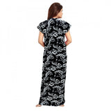 Black cotton printed maxi nightgown for daily wear, short sleeves and round neck
