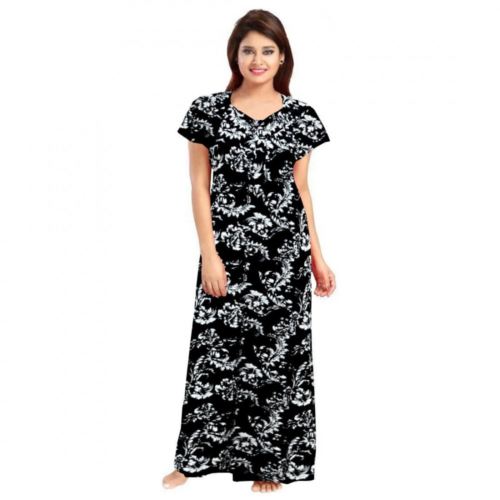 Black cotton printed maxi nightgown for daily wear with short sleeves and round neck
