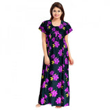 Pink cotton printed maxi nighty for daily wear, short sleeves and round neck