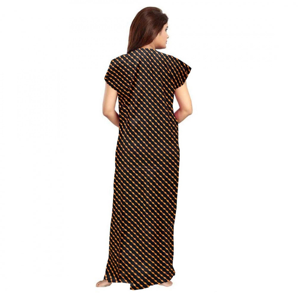Brown cotton printed maxi nightgown for daily wear with short sleeves and round neck