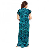 Blue cotton printed maxi nightgown with short sleeves and round neck for daily wear