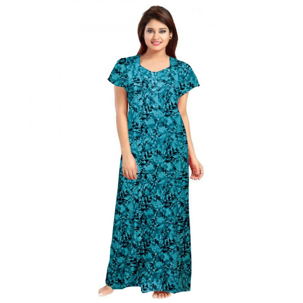 Blue cotton printed maxi nighty for daily wear, short sleeves, round neck