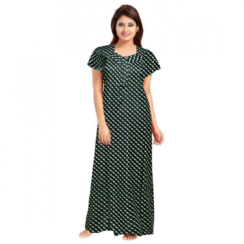 Green cotton printed maxi nightgown with short sleeves and round neck for daily wear