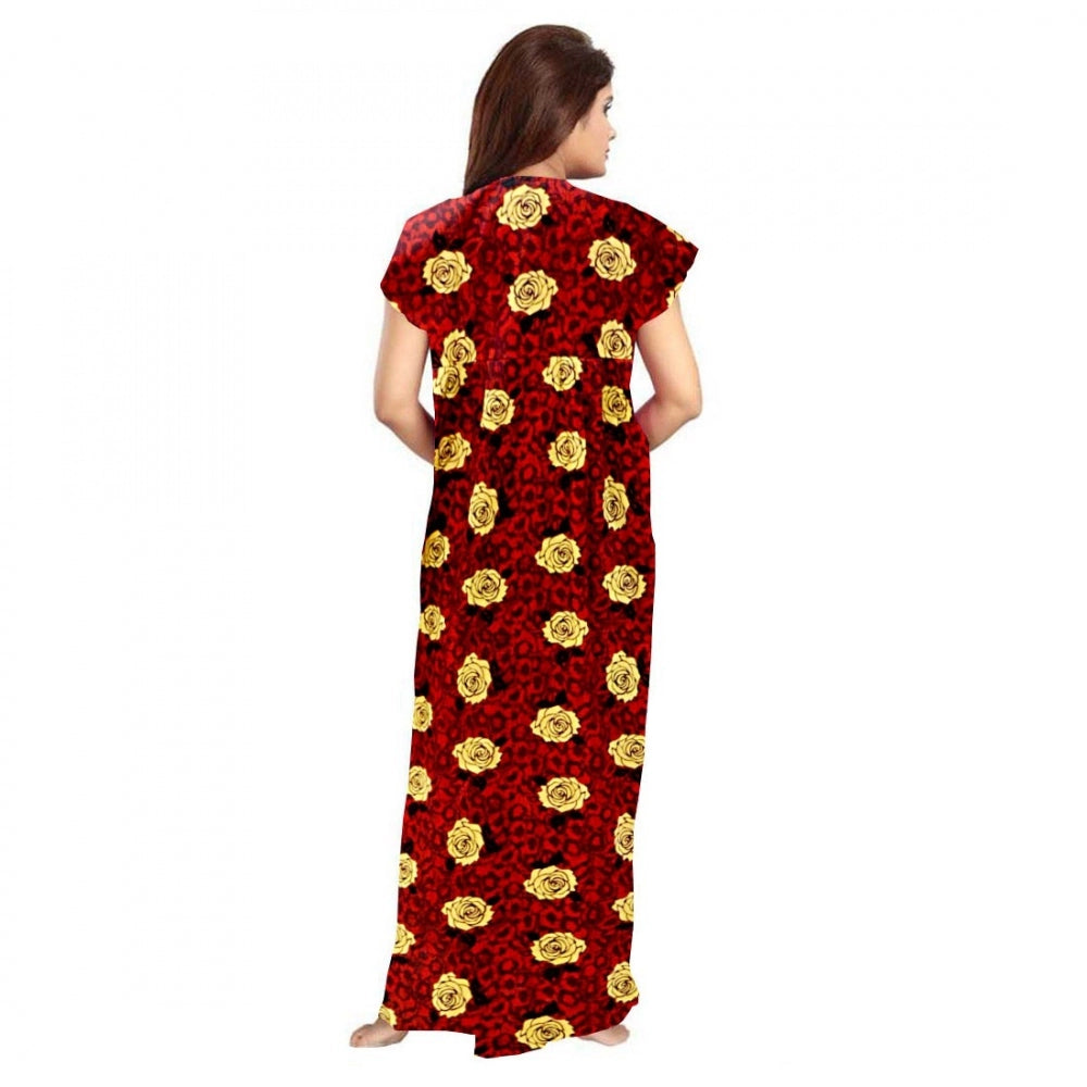 Maroon cotton printed maxi nighty for daily wear