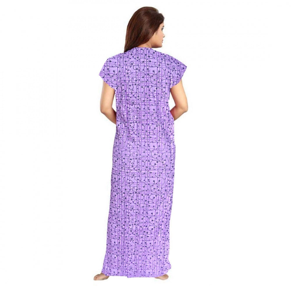 Lavender cotton printed maxi nighty for daily wear, short sleeves, round neck