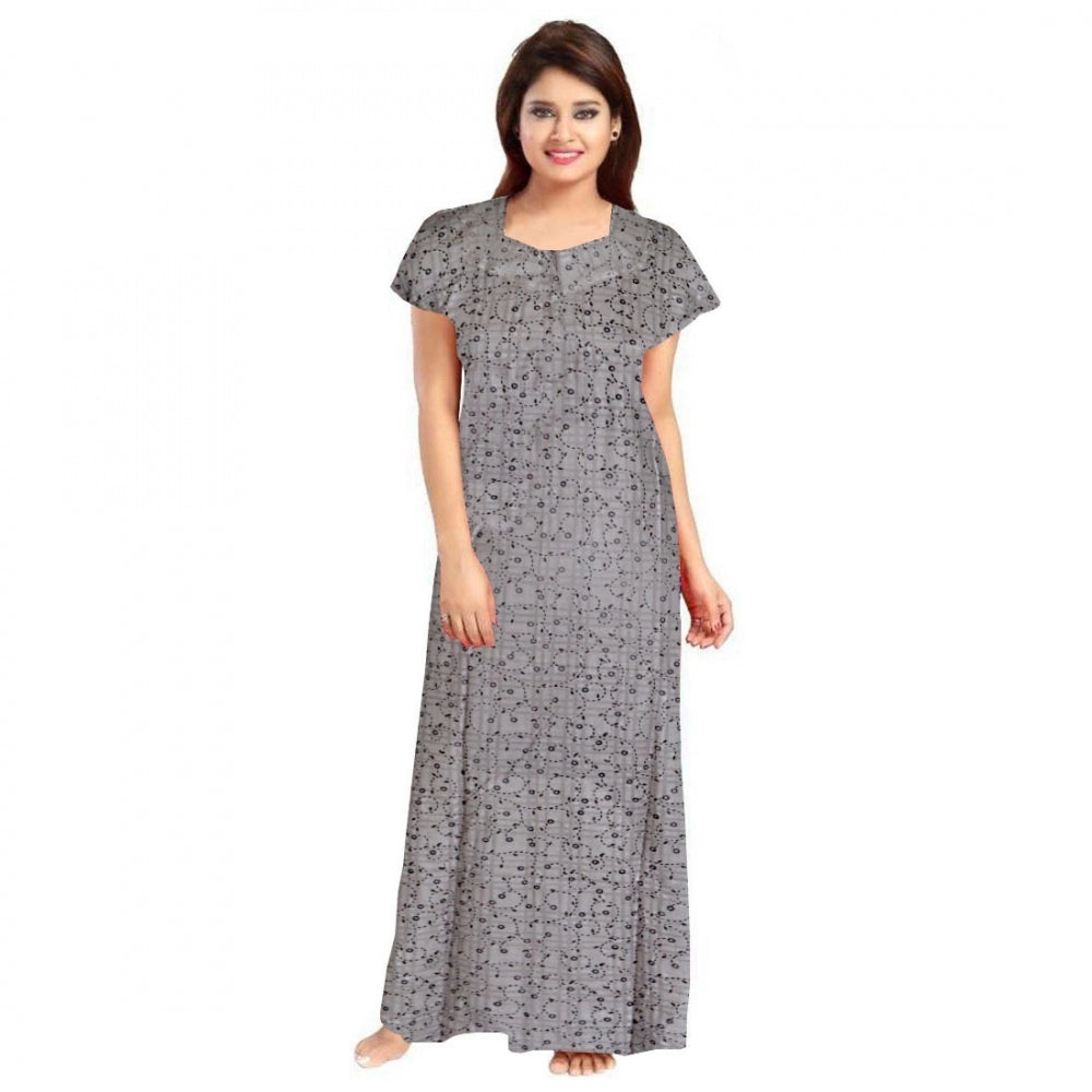 Grey cotton printed maxi nighty for daily wear, short sleeves with round neck
