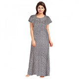 Grey cotton printed maxi nighty for daily wear, short sleeves with round neck