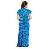 Aqua blue cotton printed maxi nightgown for women's daily wear, short sleeves and round neck