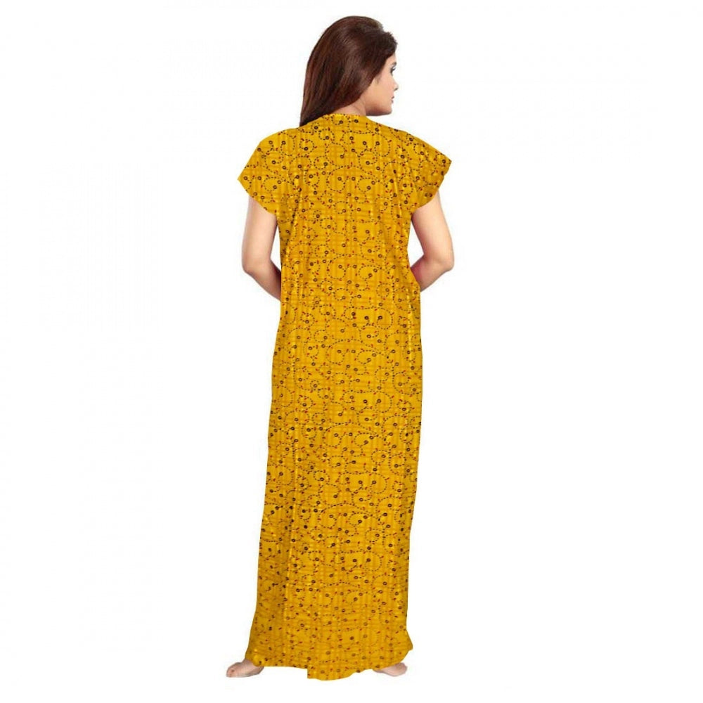 Yellow cotton printed maxi nightgown with short sleeves and round neck for daily wear