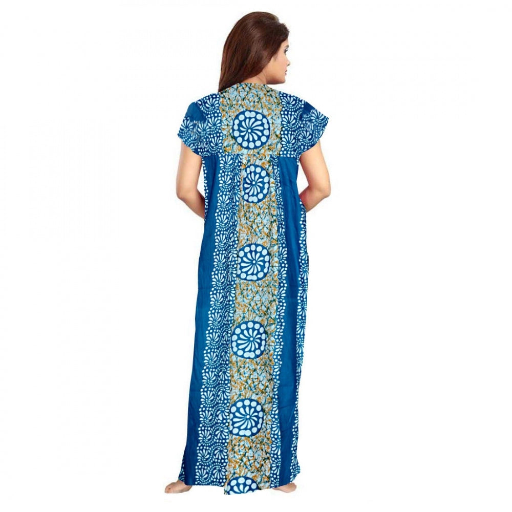 Blue cotton printed maxi nightgown with short sleeves and round neck, suitable for daily wear