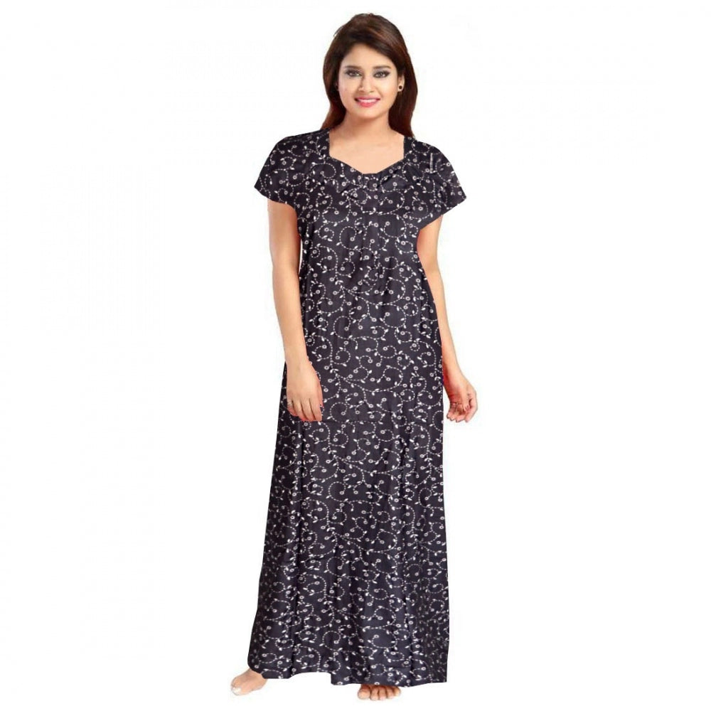 Grey cotton printed maxi nighty for daily wear, short sleeves with round neck