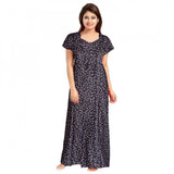 Grey cotton printed maxi nighty for daily wear, short sleeves with round neck