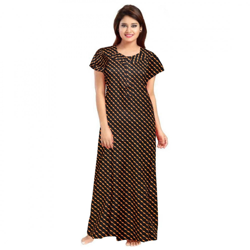 Brown cotton printed maxi nightgown with short sleeves and round neck for daily wear