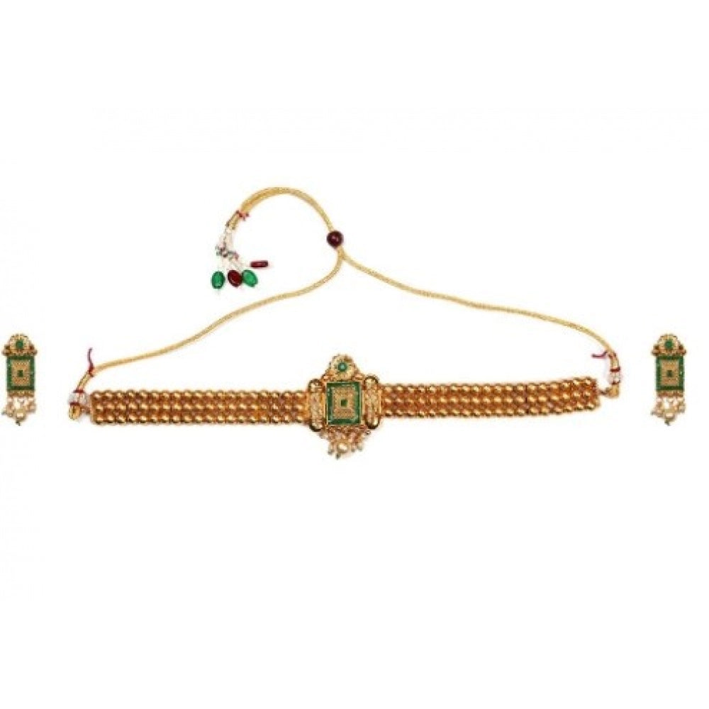 Green gold-plated brass women's modern chowker set, elegant jewelry accessory on display