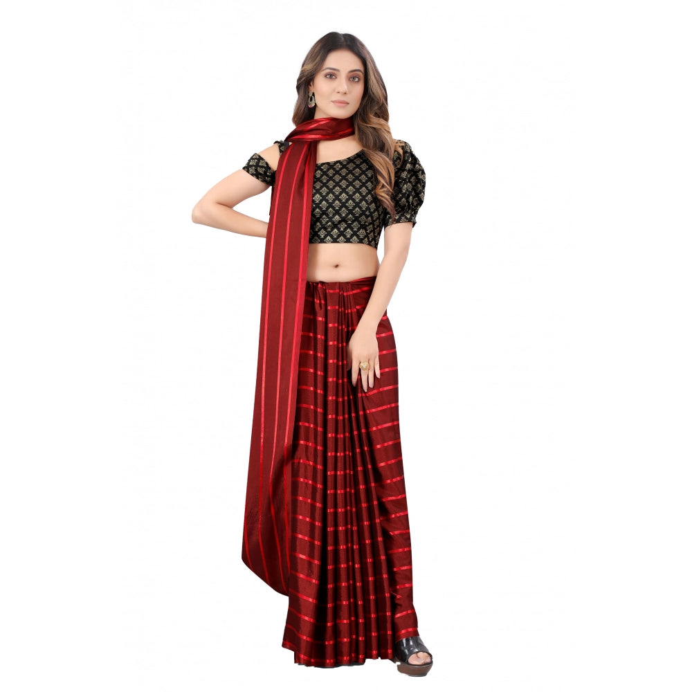 Red satin silk saree with printed unstitched blouse (5-6 mtrs), striped design for daily wear
