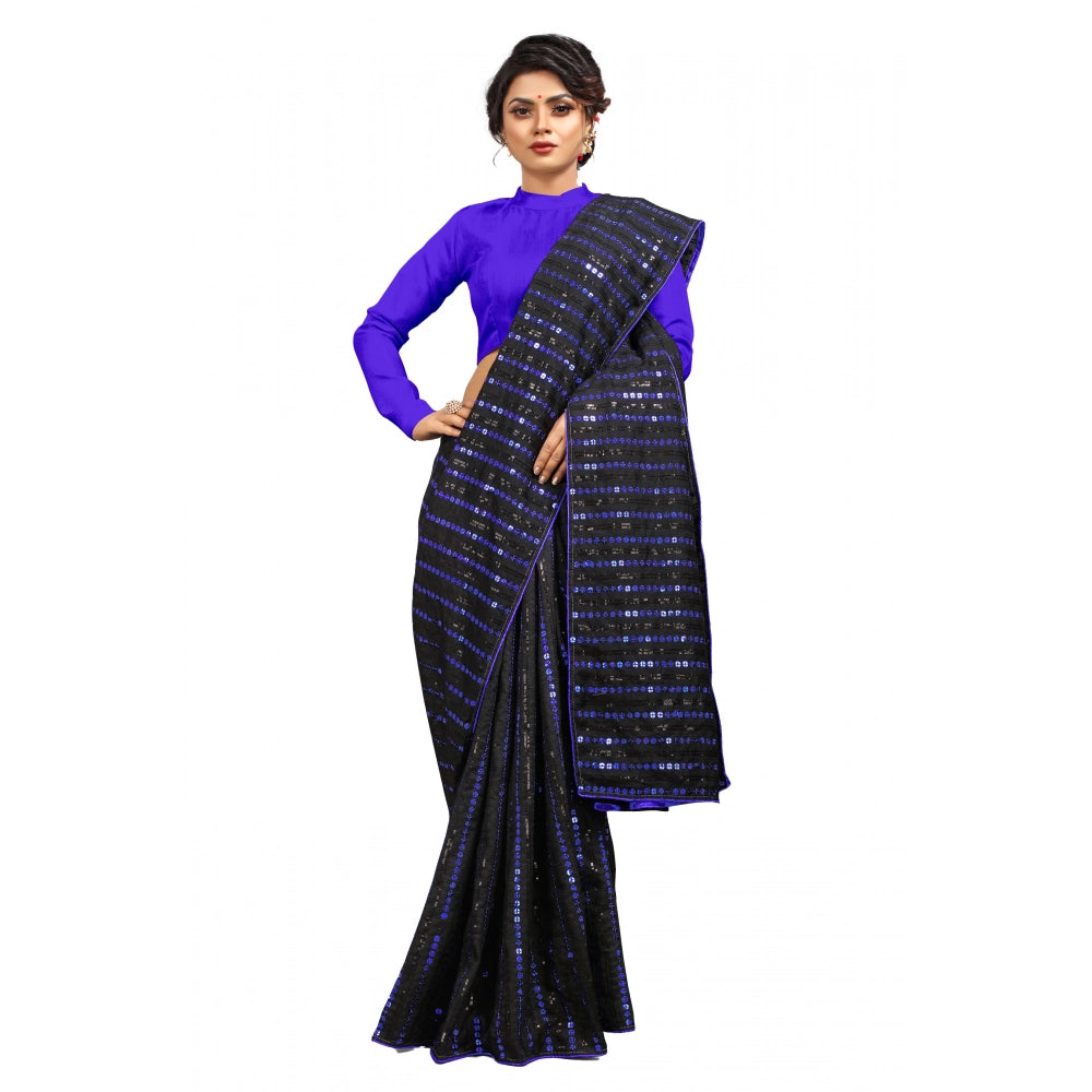 Blue Vichitra saree with unstitched brocade blouse, sequence work for party occasions