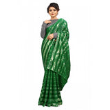 Green Vichitra saree with unstitched brocade blouse featuring sequence work for parties, close-up image
