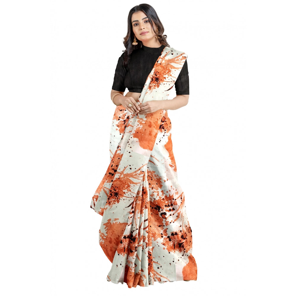 Orange Joya silk saree with unstitched blouse (5-6 mtrs), printed style, Banglory silk blouse fabric and solid work