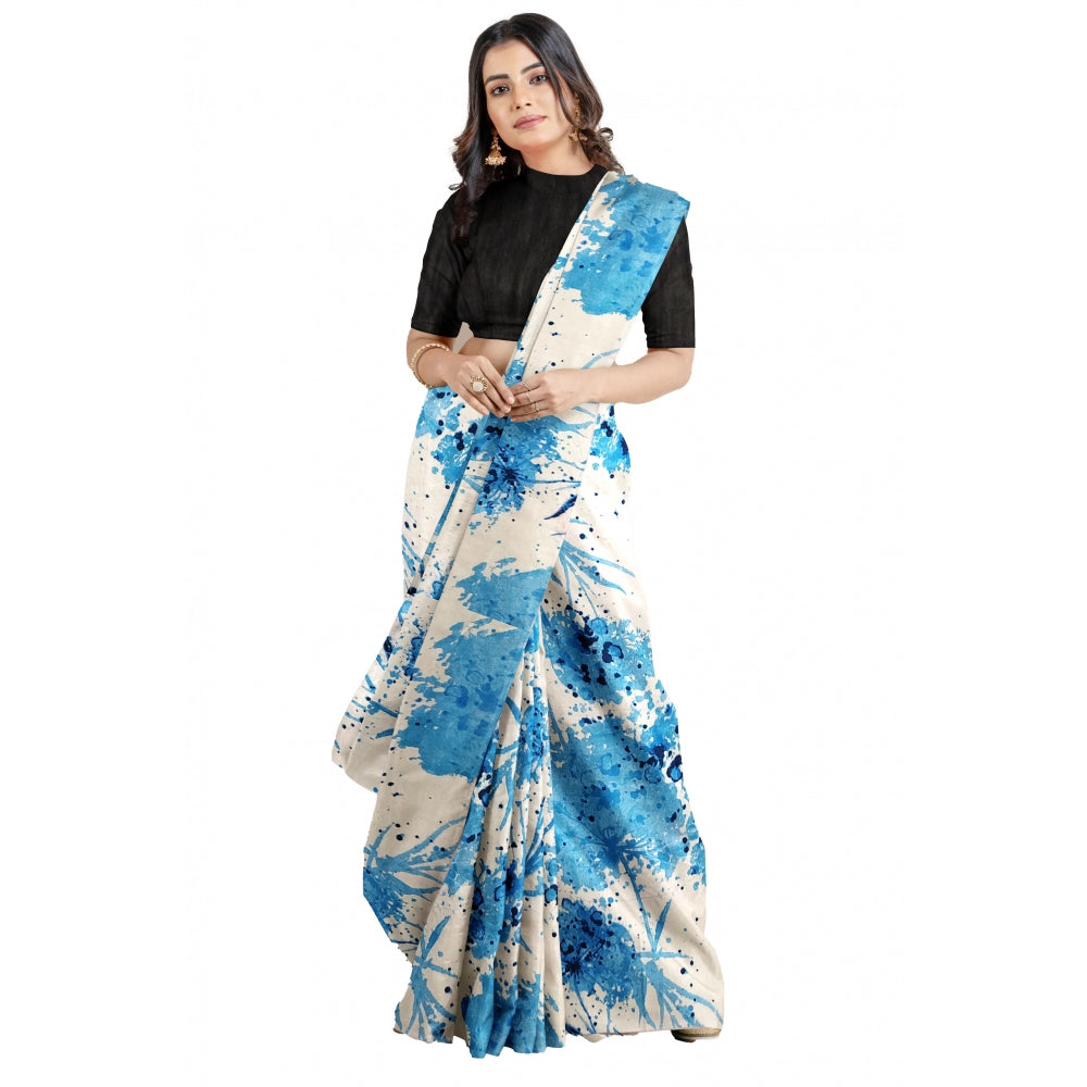 Joya silk saree with blouse (sky), 5-6 mtrs, printed, unstitched blouse with solid work in Banglory silk