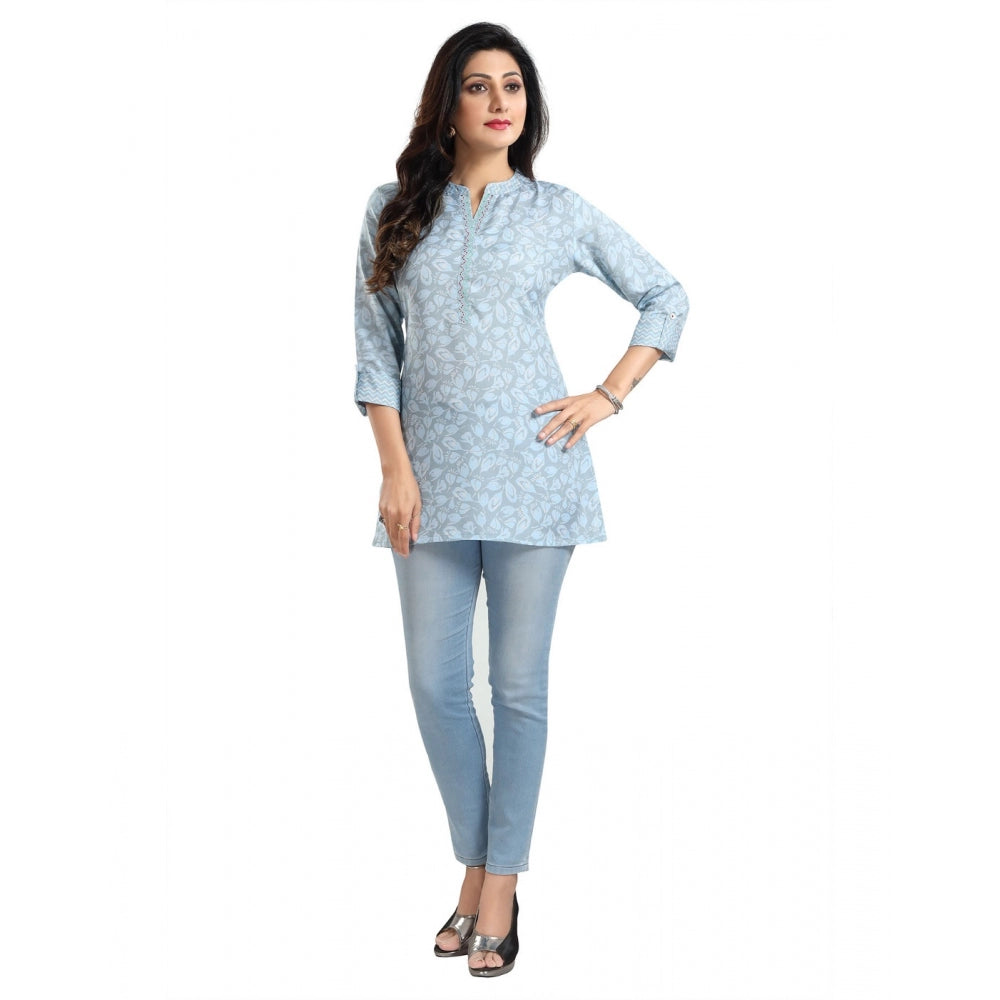 Blue viscose blend tunic short top with 3/4 sleeves, mandarin collar