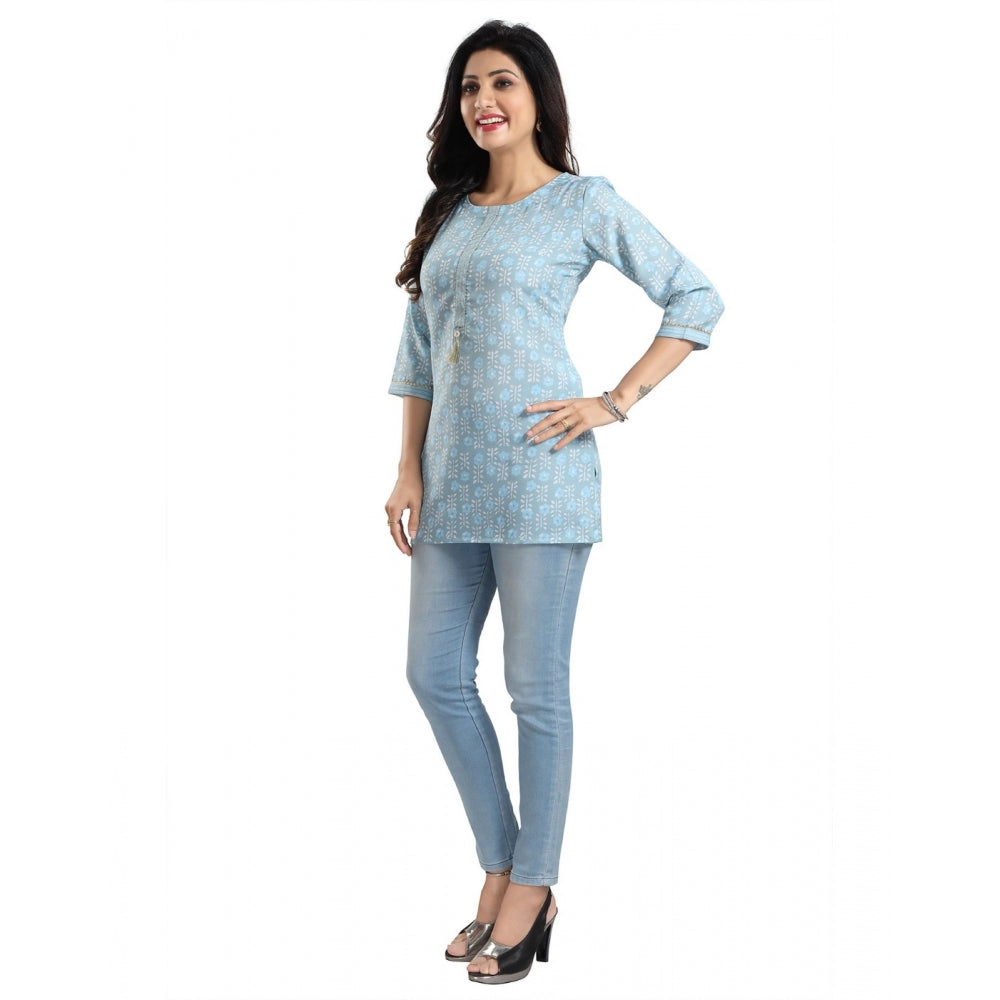 Blue viscose blend women's 3/4 sleeve tunic top, short length on hanger