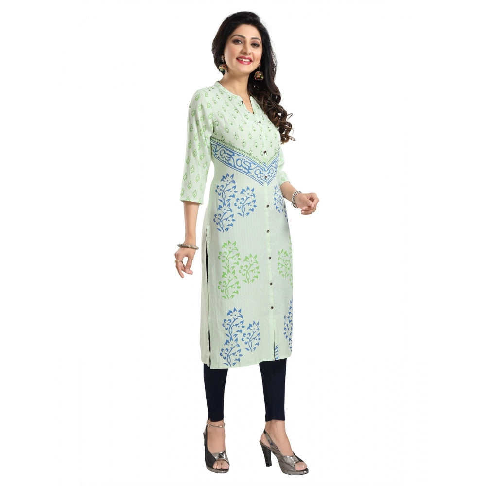 Green viscose blend 3/4 sleeve tunic long kurti for women, mandarin collar, knee-length