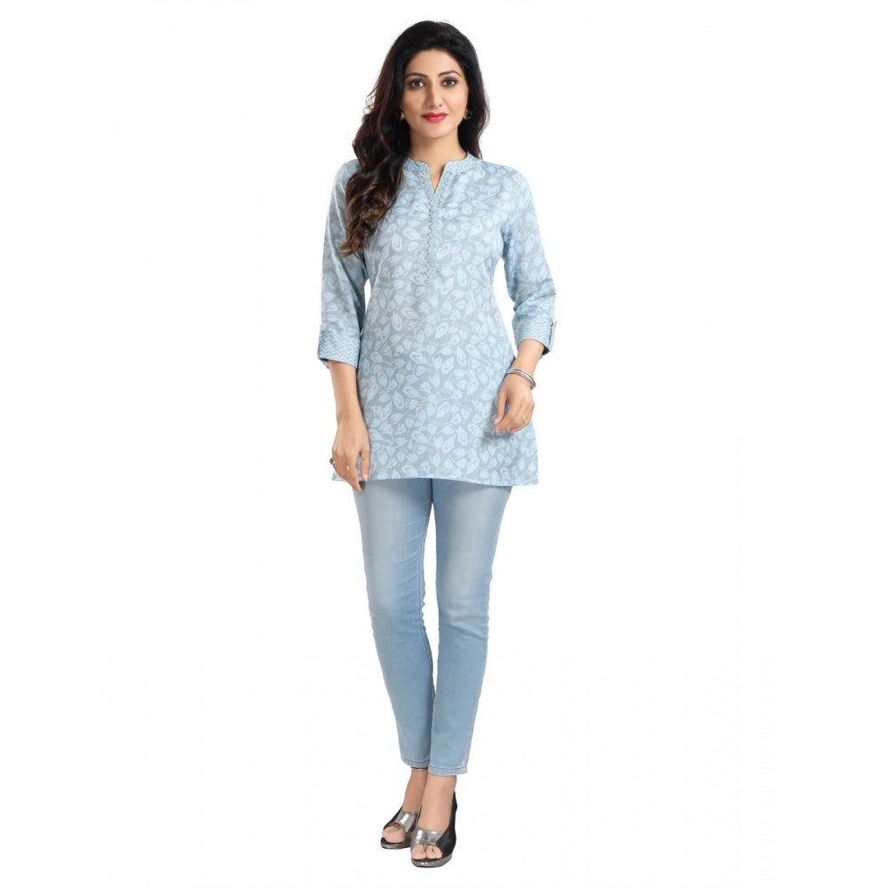 Blue viscose blend women's tunic short top with 3/4 sleeves