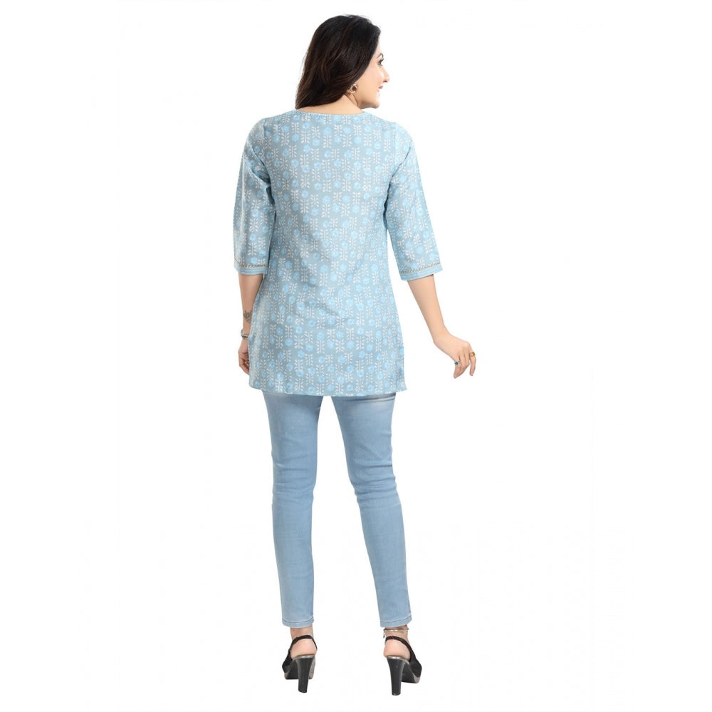 Blue viscose blend women's 3/4 sleeve tunic top - short length, round neckline style