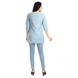 Blue viscose blend women's 3/4 sleeve tunic top - short length, round neckline style