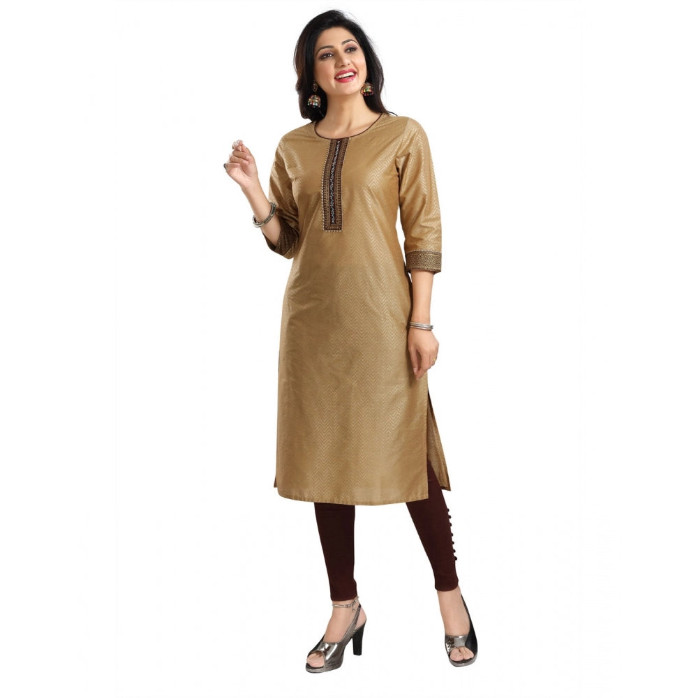 Beige silk blend 3/4 sleeve tunic long kurti for women, knee-length fashion accessory on mannequin