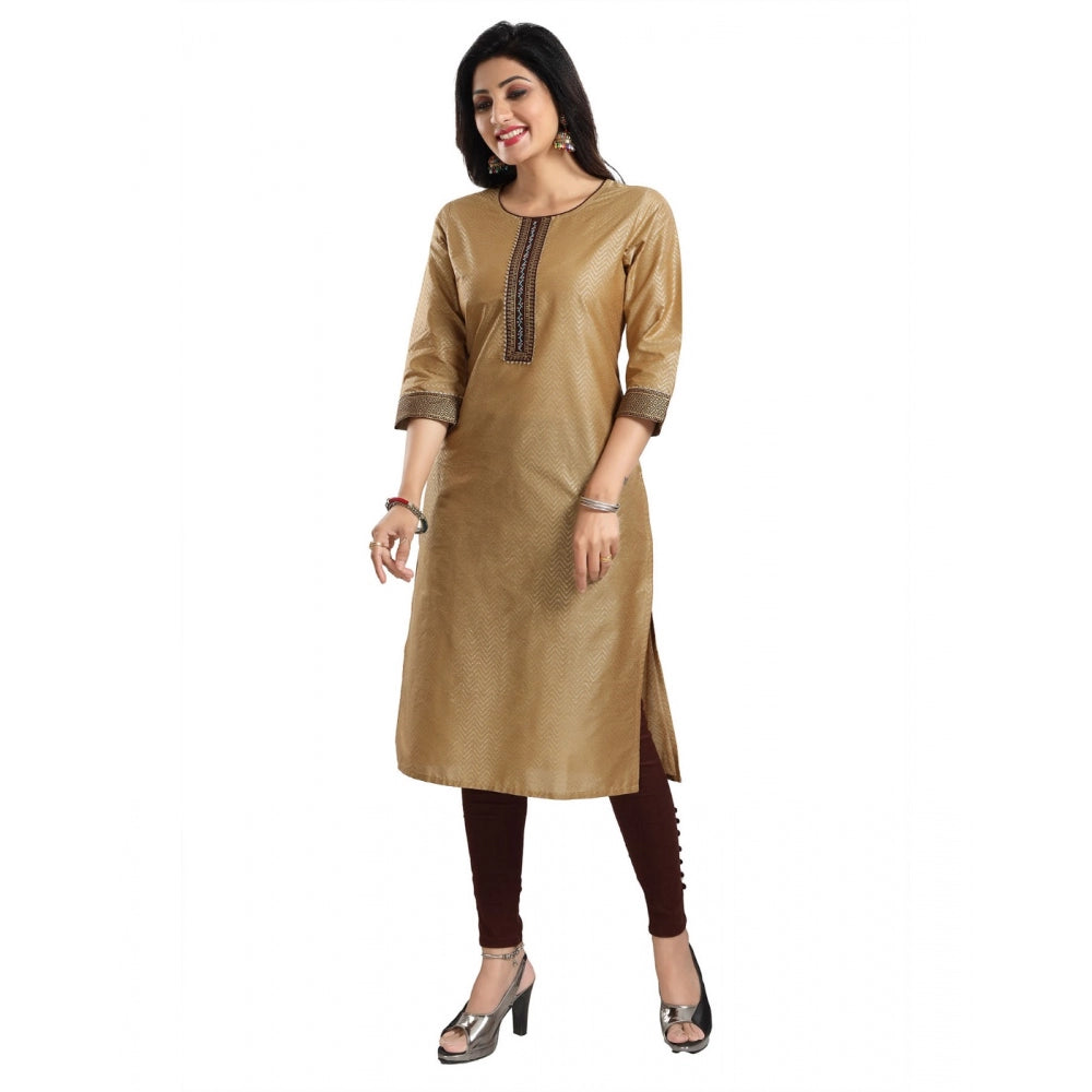 Beige silk blend 3/4 sleeve tunic long kurti for women, knee-length fashion accessory on mannequin