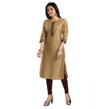 Beige silk blend 3/4 sleeve tunic long kurti for women, knee-length fashion accessory on mannequin