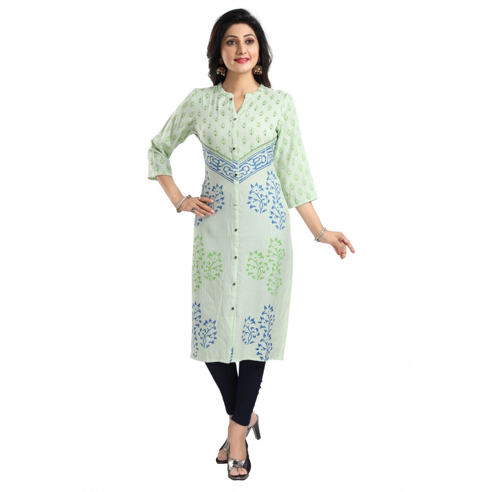Green viscose blend 3/4 sleeve tunic long kurti for women, mandarin collar style, knee-length