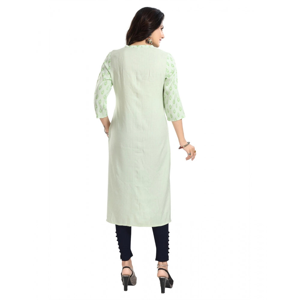 Green viscose blend 3/4 sleeve tunic long kurti for women, mandarin collar and knee-length style