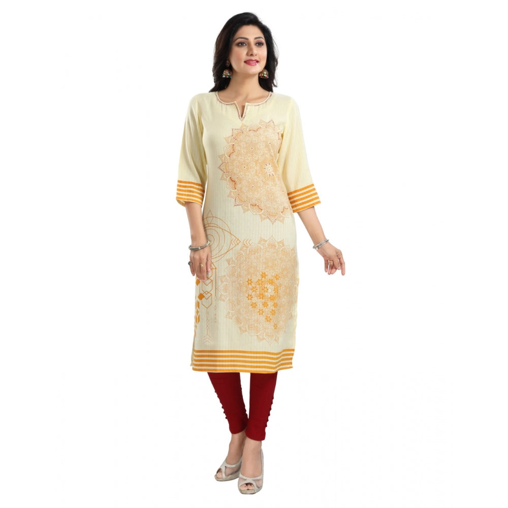 Yellow viscose blend tunic kurti with 3/4 sleeves, knee-length and round neck