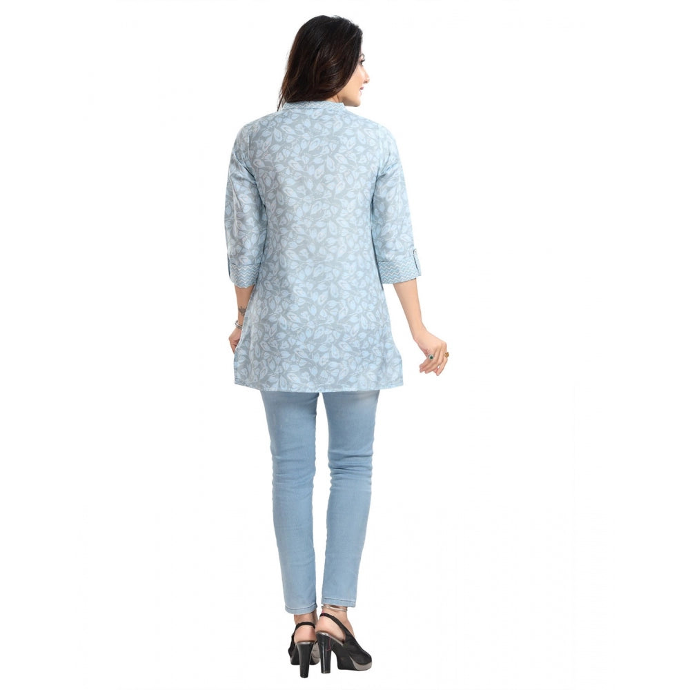 Blue viscose blend women's 3/4 sleeve tunic short top, mandarin collar style