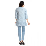 Blue viscose blend women's 3/4 sleeve tunic short top, mandarin collar style