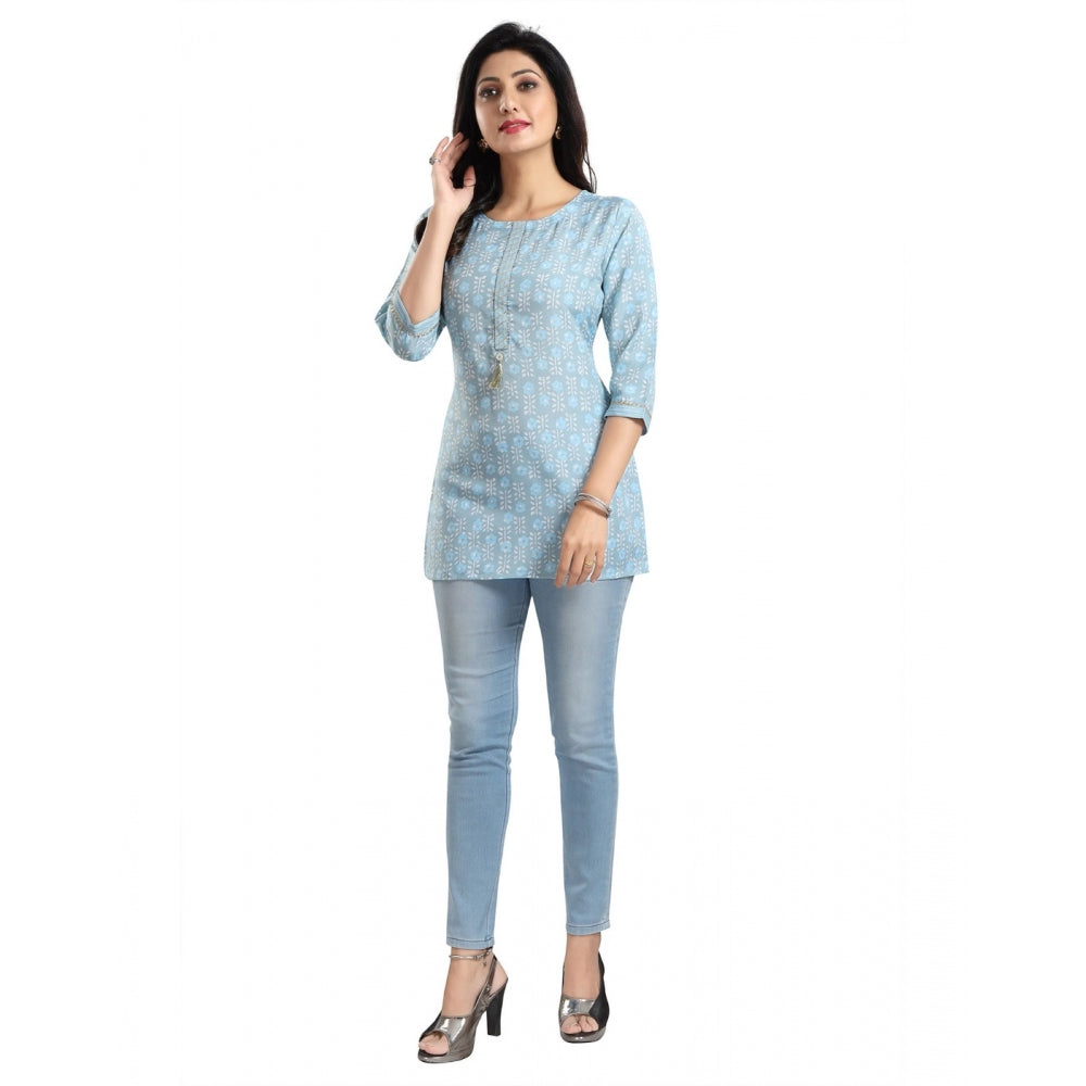 Blue viscose blend tunic top with 3/4 sleeves for women