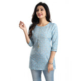 Blue viscose blend tunic short top with 3/4 sleeves, ideal for casual wear