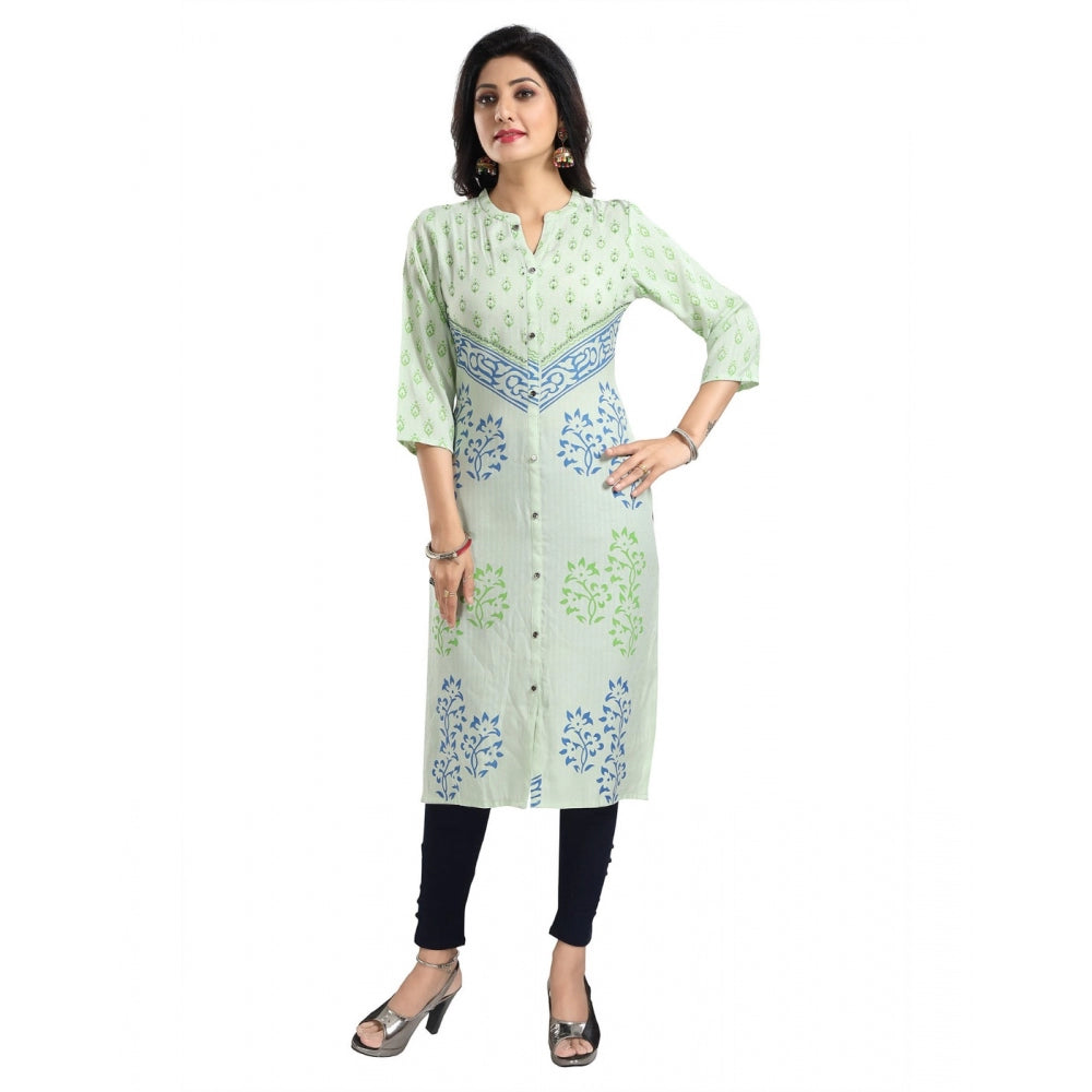 Green viscose blend 3/4 sleeve tunic long kurti for women, knee-length, mandarin collar