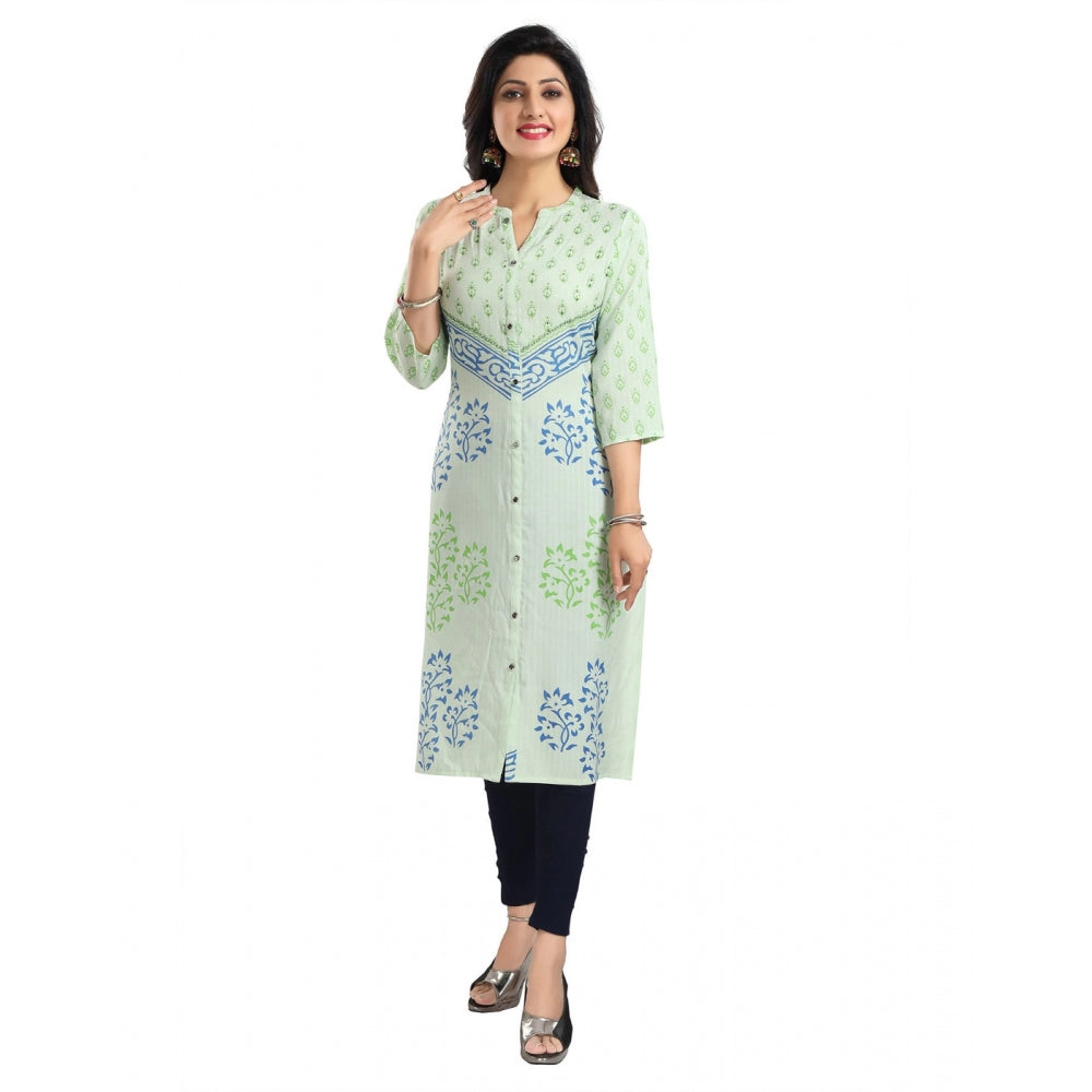 Green viscose blend women's 3/4 sleeve tunic long kurti with mandarin collar, knee length