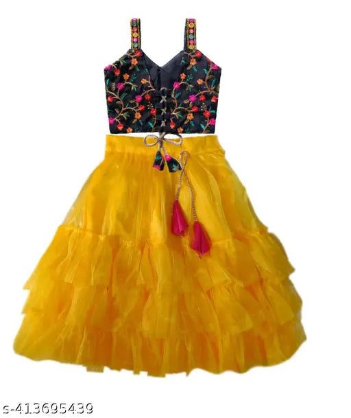 Taffeta silk Pari frock dress, embroidered with Aari work, cotton-silk lehenga and net dupatta for 6-8 year old girl, Indian ethnic wear