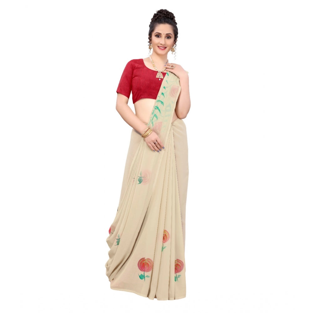 Georgette beige floral hand-printed saree, 5-6 meters length for casual, festive wear on model