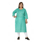 Women's Casual 3/4th Sleeve Ikkat Printed Pure Cotton Straight Kurti (Turquoise)