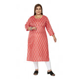 Women's Casual 3/4th Sleeve Ikkat Printed Pure Cotton Straight Kurti (Pink)