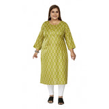Women's Casual 3/4th Sleeve Ikkat Printed Pure Cotton Straight Kurti (Pista Green)