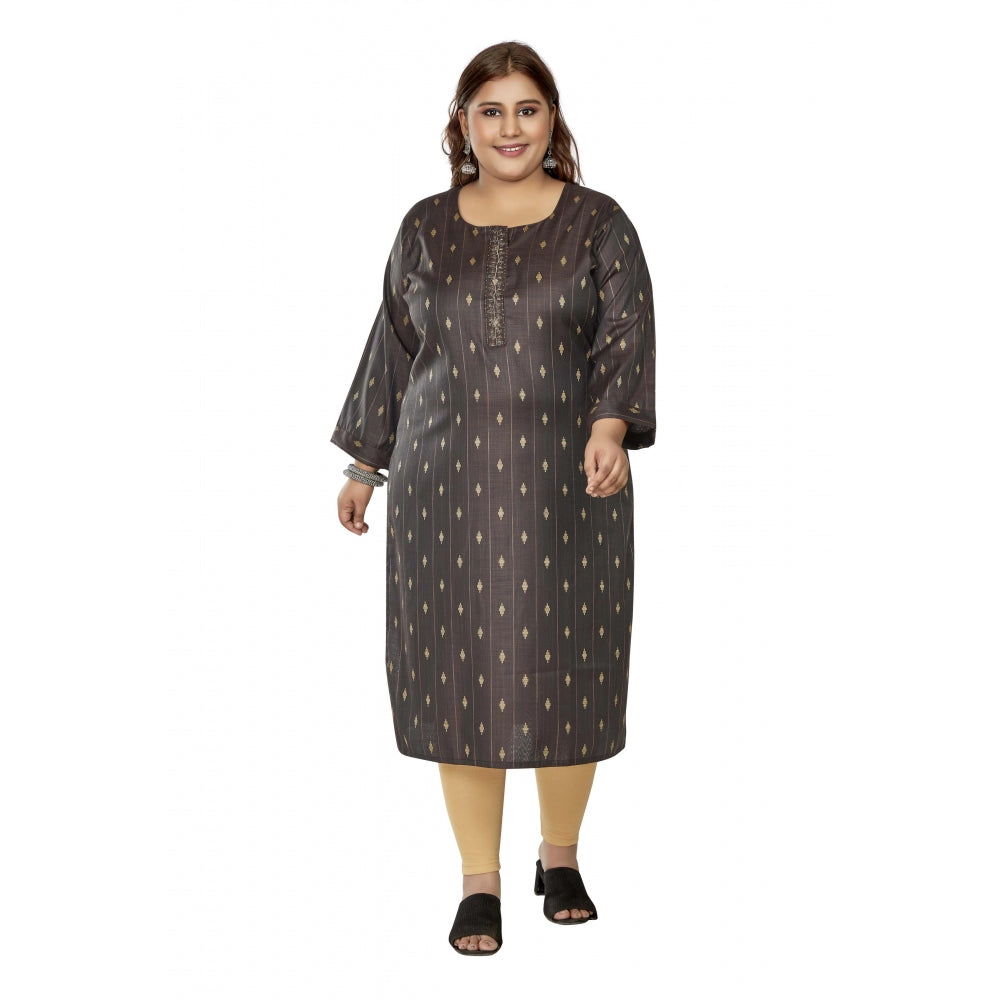 Women's Casual 3/4th Sleeve Golden Embroided Cotton Mix Straight Kurti (Dark Grey)