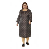 Women's Casual 3/4th Sleeve Golden Embroided Cotton Mix Straight Kurti (Dark Grey)