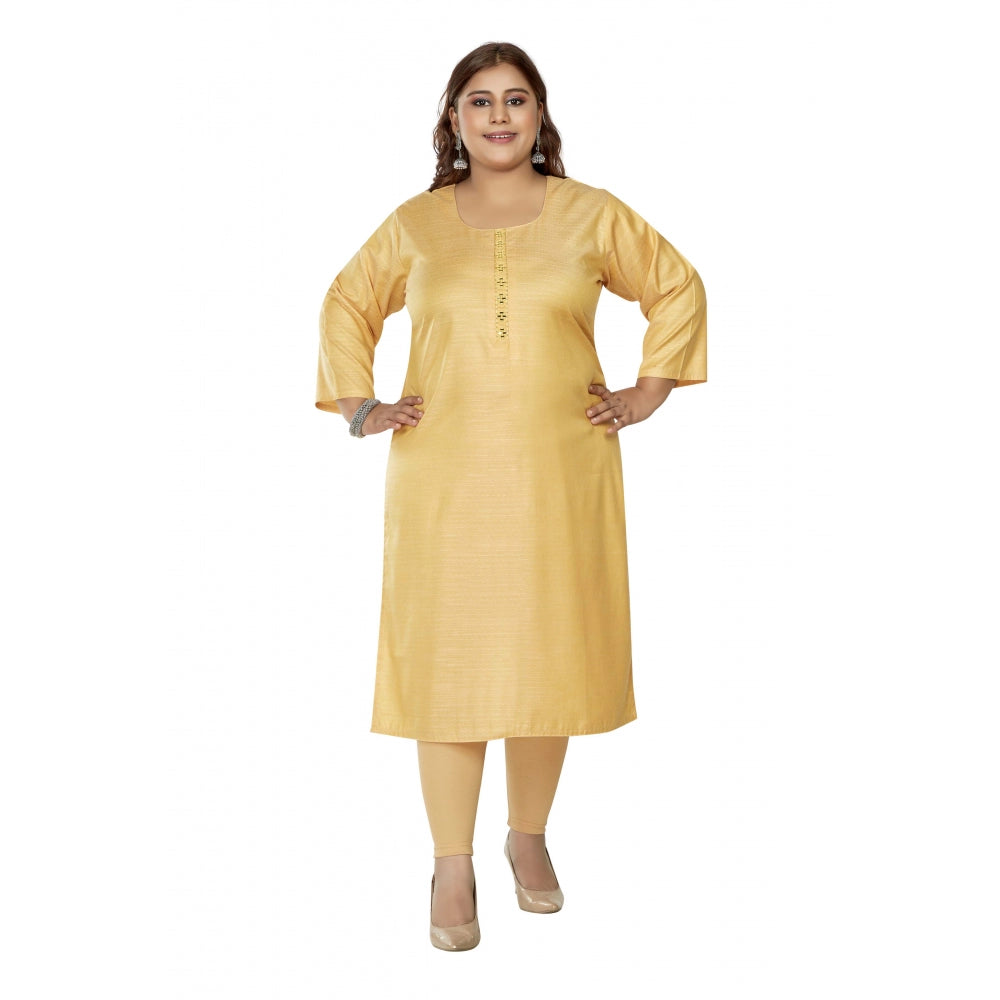 Women's Casual 3/4th Sleeve Mirror Embroided Rayon Straight Kurti (Tan)
